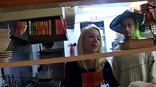 Wild French Babe Pleasing Two Cocks While Working in Kitchen