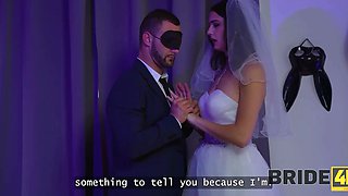 Seductive brunette wearing a wedding dress gets her pussy pounded by a guy in creepy mask