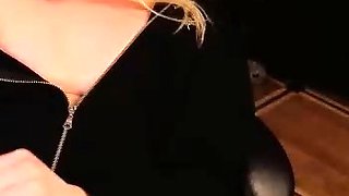 Big tit shemale jerks her long cock