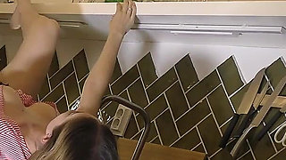 Flexible Hot Wife in the Kitchen Does Gym Training at Home by Spreading Legs and Taking Her Panties off Under Her Mini Skirt