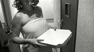 Pizza delivery guy brought pizza His met by naked owner sexy blonde MILF without panties and bra. Shower. Ass mature Tits Pussy