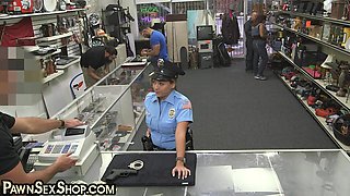 Pawnshop police slut fucked and facialized in office
