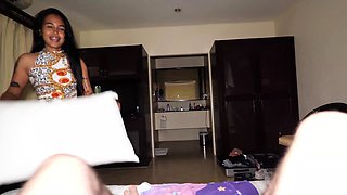 Guy feeding a hot Thai teens hairy pussy