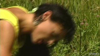 Vintage Brunette's Outdoor Passion Erupts in Rough Heat