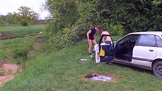 Busty curly brunette with big boobs fucks on couch