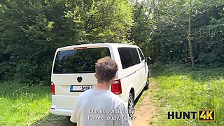 A wild teen gets picked up & fucked in a car by a stranger & her busty cuckold