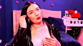 Busty curly brunette with big boobs fucks on couch