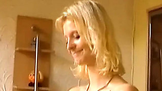 Skinny German Blonde Solo Action with Red Dildo in Bedroom