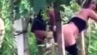 Spying blonde hooker fucking in the woods