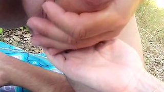 Outdoors, caught masturbating while watching the neighbor who is sunbathing in a thong bikini