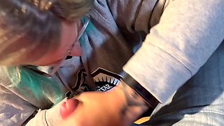 Soccer mom gives shaved cock a blowjob and swallows his load