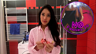 Petite Brunette College Girl Prom Queen Gets Her Panties off in the Bathroom to Flash Pussy and Naked Ass