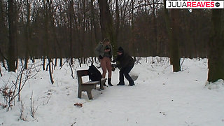 Blonde bitch enjoys riding a fat cock in the snow