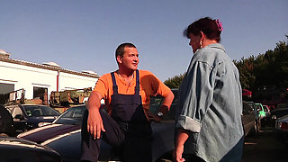 Car Junkyard Sex - Amateur German Staff & Customer Threesome Fuck with Big Tits Annette