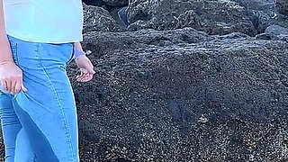 Peeing in Tight Jeans on the Beach