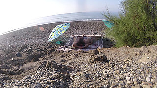 Exhibitionist Wife Outdoor Amateur Milf Blowjob & Handjob Big Cock on Nudity Beach public in front of voyeur with cum
