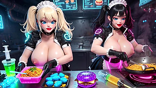 Two Cute Women Working at Cyberpunk Corner, Ai Animation