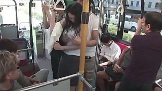 Breasty woman soaked with rain groped in bus