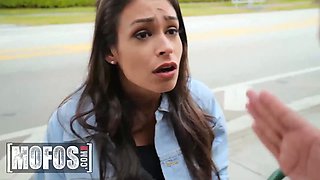 (Katana Kombat) just argued with her bf at a bus stop (Serena Santos) emerges to pick up the lumps - mofos