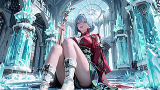 Ice Throne! Silver-haired Mage in Red-Green Gown Kneeling, Blue-Haired Partner Teasing in Snowy Realm!