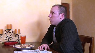 Hot busty brunette cunt smashed gives blowjob in threesome