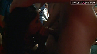 Tattooed girl eats cum after riding different cock in hot gang bang