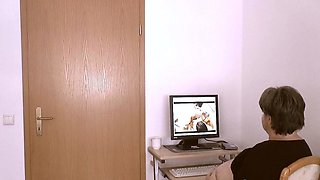 Horny granny gives a blowjob and get cum on tits