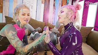 Tattooed blonde sissy Lily Lu takes double fisting anal stretching