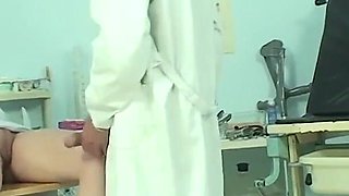 Hot brunette with small natural tits lets her tight shaved pussy get fucked by an older doctor