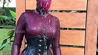 Outdoor solo masturbation scene with curly blonde