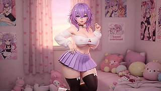 Thicc Purple Hair Anime Girl Twerking Big Ass in Garter Belt