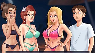 Summertime saga cartoon, beach threesome, fantasy