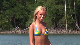 Perfect blond nasty mermaid have sex fun with two friends on beach and lake.