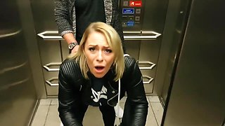 Horny couple getting fucked in the public elevator
