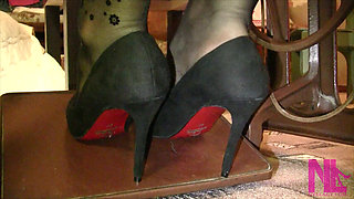 Vintage_sewing on My Granny's Old Sewing Machine in Black Pantyhose and Suede Louboutins
