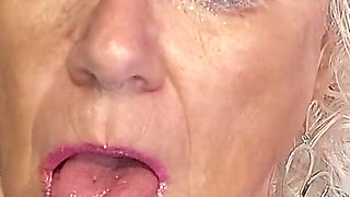 Pink Granny Fingers Dripping Pussy Sucks Sloppy Dildo Clean