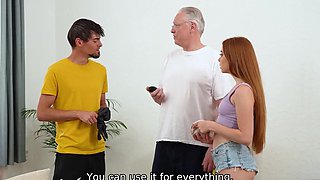 Cute redhead teen getting banged by her cuck bf's granddad