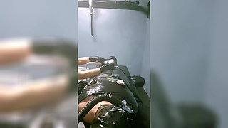 The Slave Suffers with a Breathing Mask During Hard Dilation.