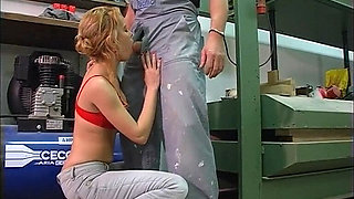 Horny Fuck Pig in Red Lingerie Fucks a Craftsman in the Workshop