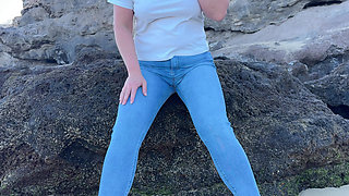 Peeing in Tight Jeans on the Beach