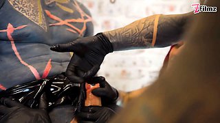 Three aggressive spandex princesses ruin tattooed victim with deep sounding & urethral fingering