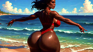 4K 100% Ai Generated 3D Soft Looping Pmv: Dark-skinned Thick Ass Gentle Twerk on Tropical Beach in Sexy Bikinis