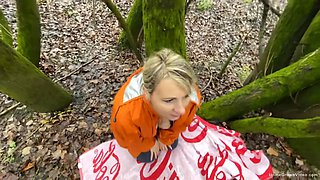 Busty blonde wife sucks then fucks her husband outdoors