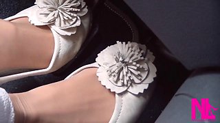 Soft Revving and Gentle Pedal Pumping in Beige Flats on Hosed Feet