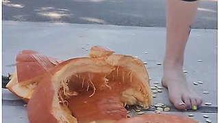 Stomping Out And Smashing A Whole Pumpkin With My Barefeet