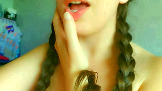 horny and naughty student showing her tongue , mouth watering and masturbation