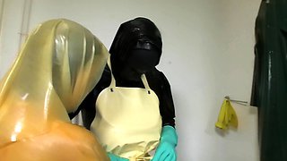 Amateur brunette in latex lingerie fucks hardcore in kitchen