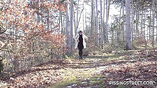 Outdoor pissing session with a long-legged brunette Alexa Throat