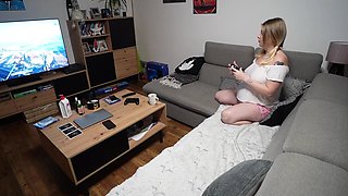 Pregnant blondie plays PS4 and fucks with her hubby in doggy way