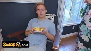 Swappz - busty stepmoms Katie Morgan & Reagan Foxx tempt their stepsons in a taboo halloween four way